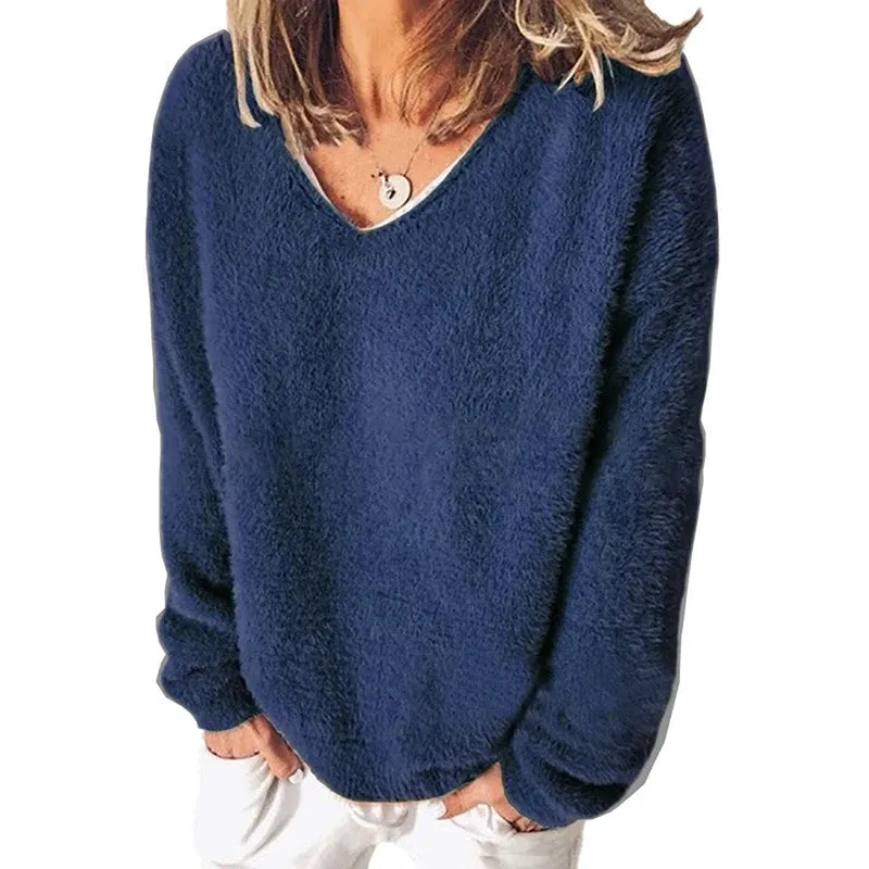 LVSANW Streetwear 5XL Large Size Soft Plush Sweater Casual Long Sleeve V-Neck Loose Pullovers Tops Autumn Winter Women Clothing Sweater