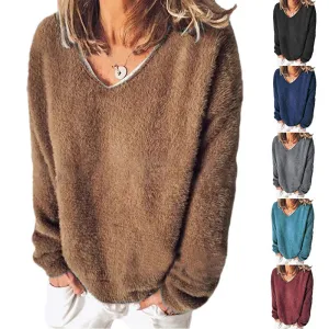 LVSANW Streetwear 5XL Large Size Soft Plush Sweater Casual Long Sleeve V-Neck Loose Pullovers Tops Autumn Winter Women Clothing Sweater