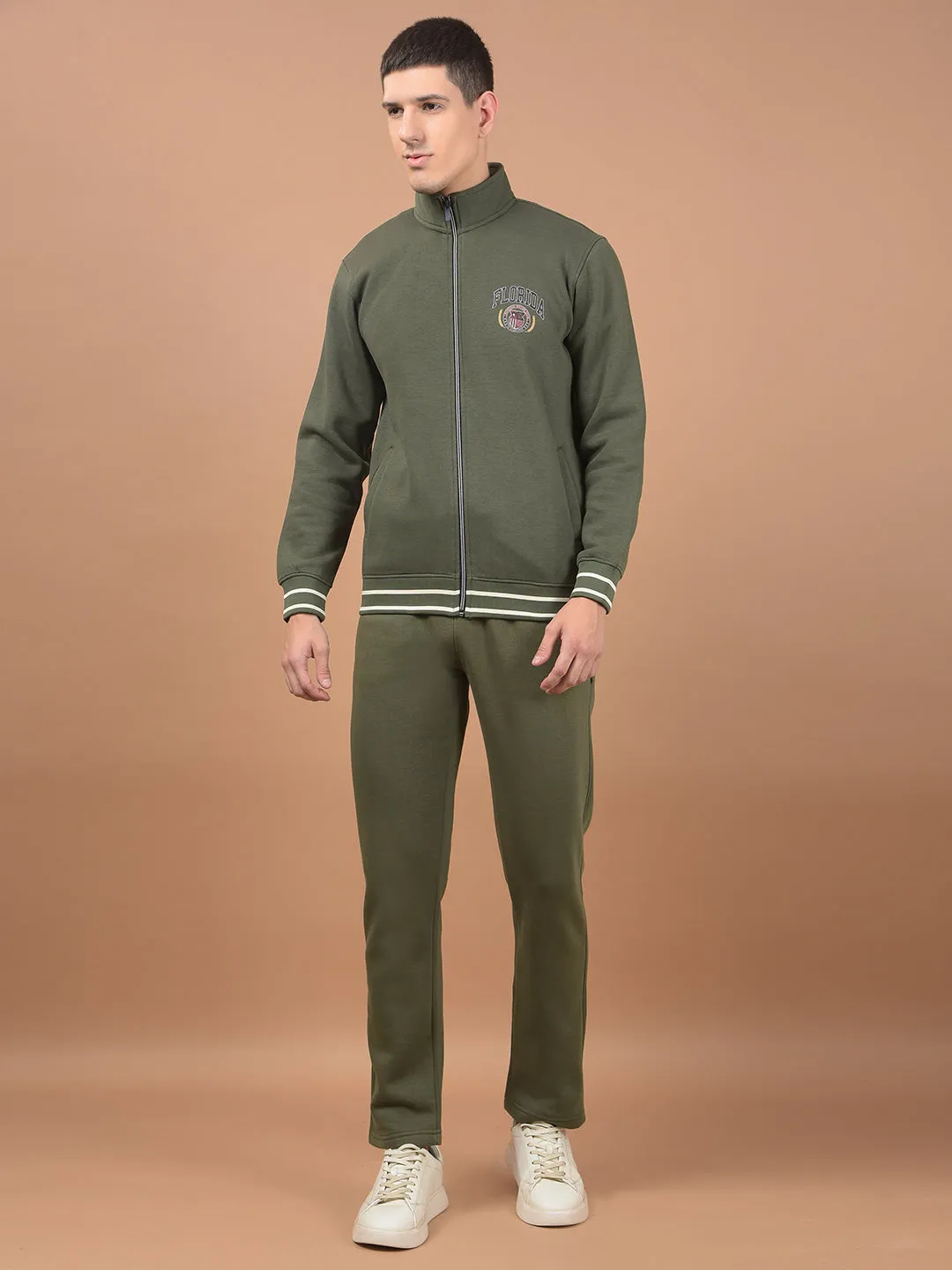 Men Light Olive Solid Mock Collar Regular Fit Winter Wear Track Suit