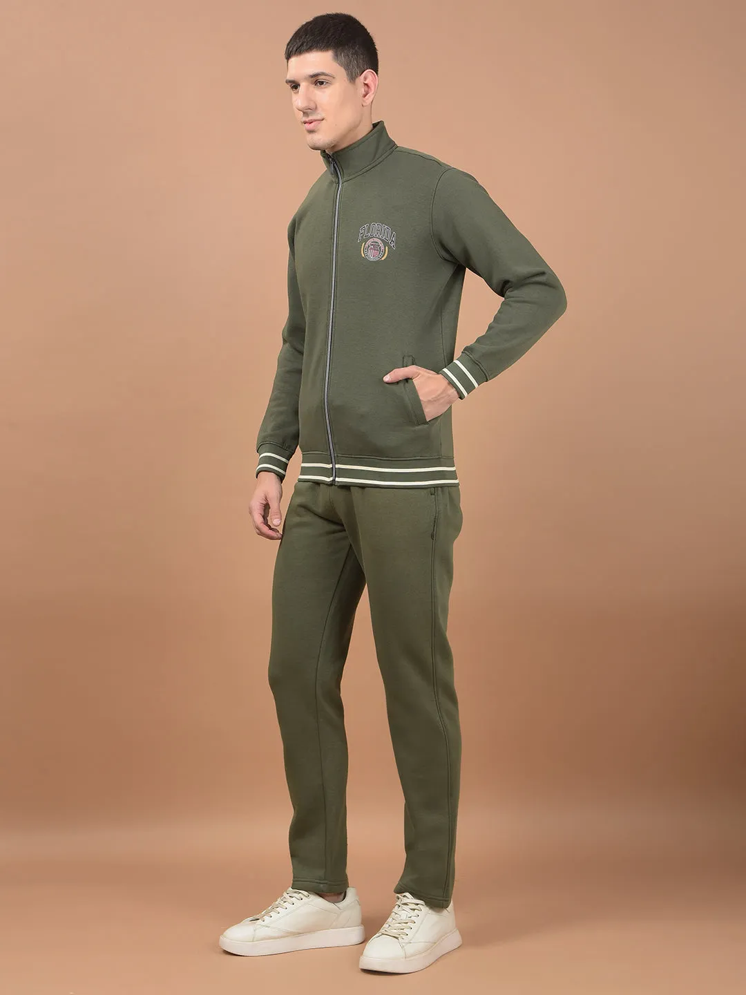 Men Light Olive Solid Mock Collar Regular Fit Winter Wear Track Suit