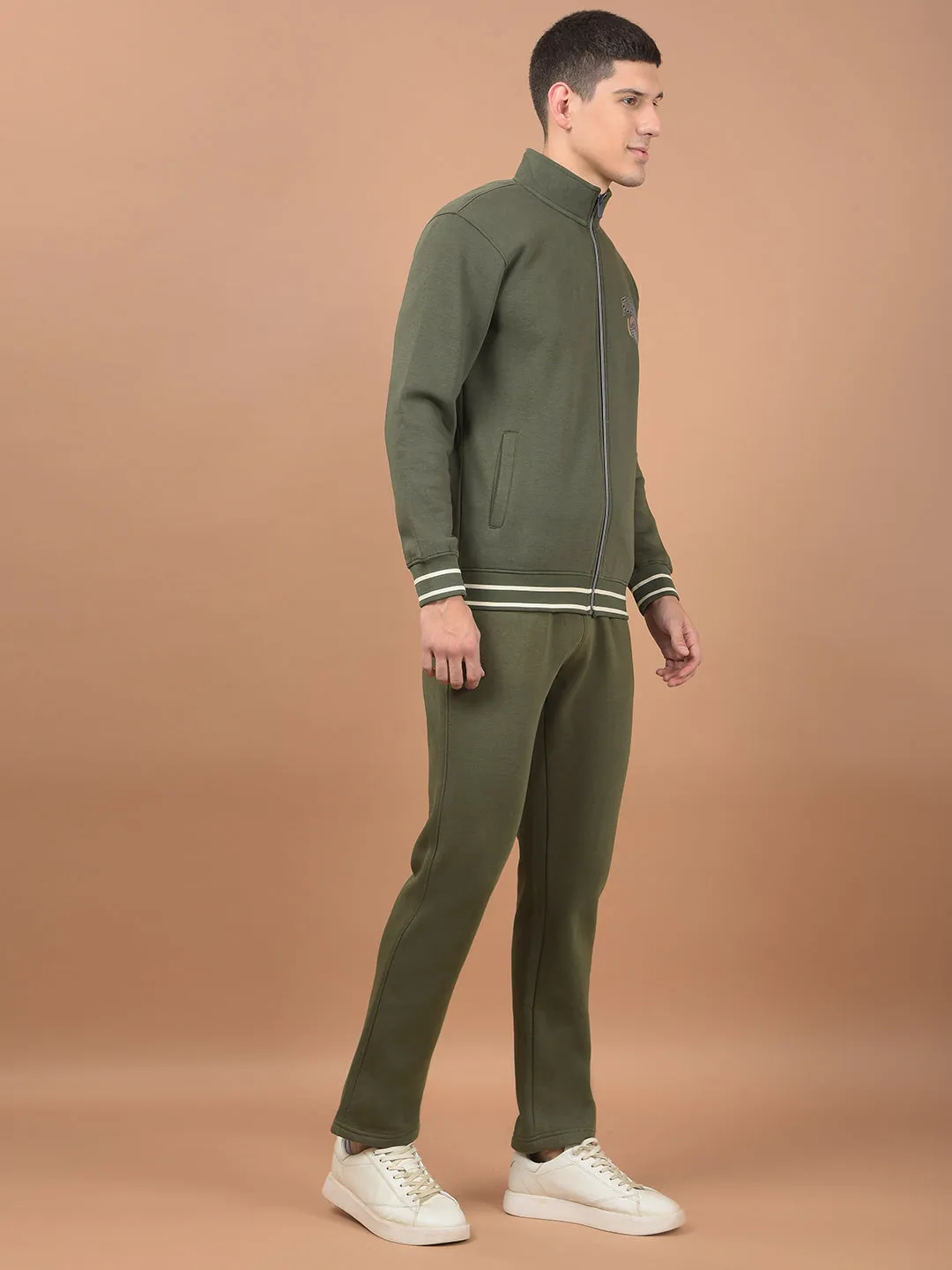 Men Light Olive Solid Mock Collar Regular Fit Winter Wear Track Suit