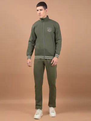 Men Light Olive Solid Mock Collar Regular Fit Winter Wear Track Suit