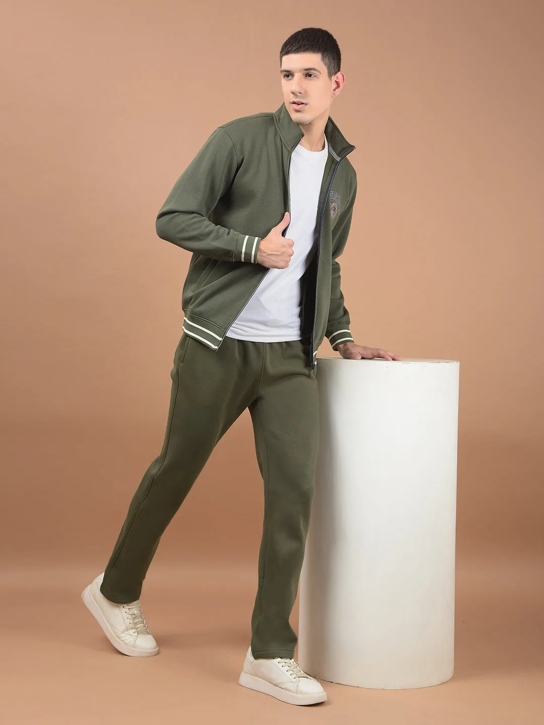 Men Light Olive Solid Mock Collar Regular Fit Winter Wear Track Suit