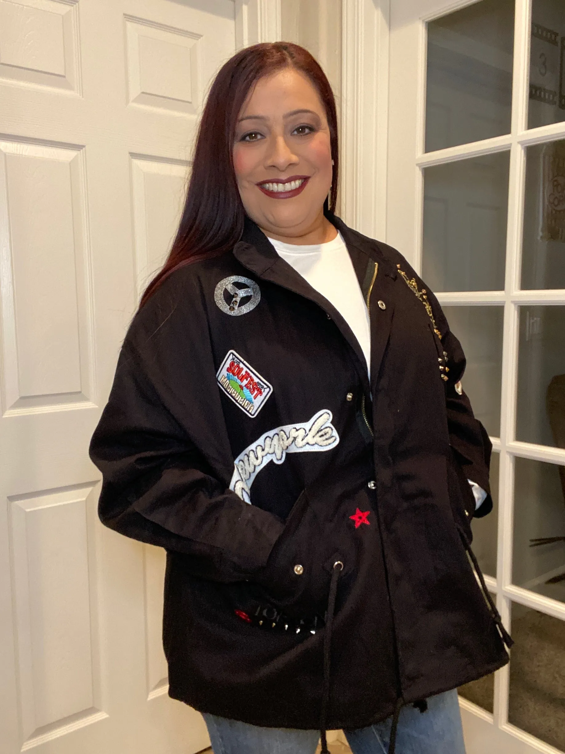 Oversized Utility Jacket with Stud Trim and Crown - Black