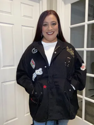 Oversized Utility Jacket with Stud Trim and Crown - Black