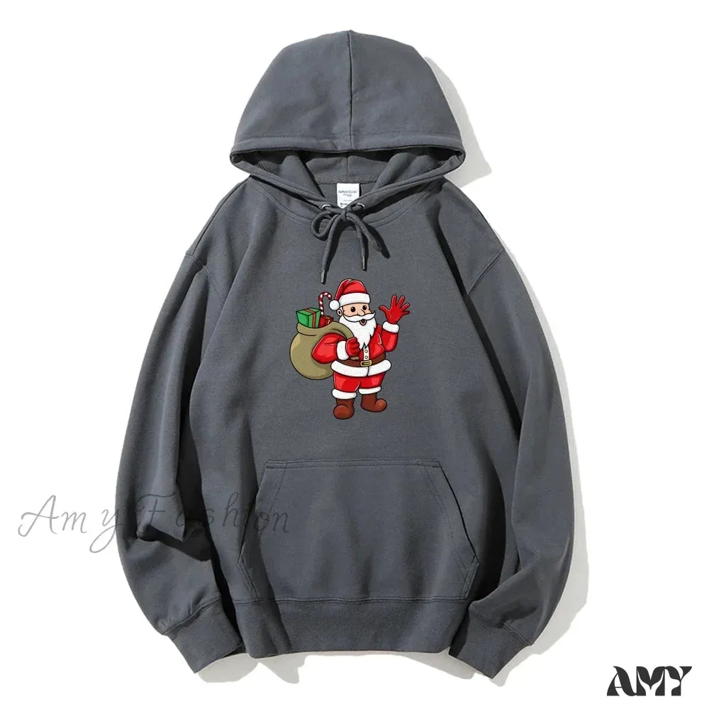 Santa Claus Cartoon Print Long Sleeve Christmas Hoodie