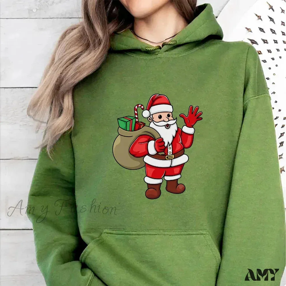 Santa Claus Cartoon Print Long Sleeve Christmas Hoodie