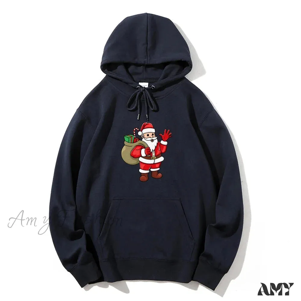 Santa Claus Cartoon Print Long Sleeve Christmas Hoodie
