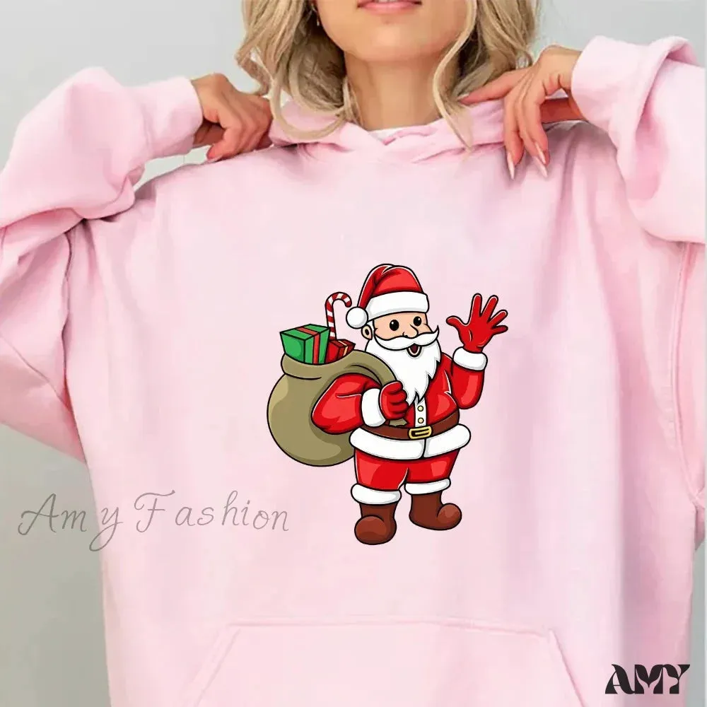 Santa Claus Cartoon Print Long Sleeve Christmas Hoodie