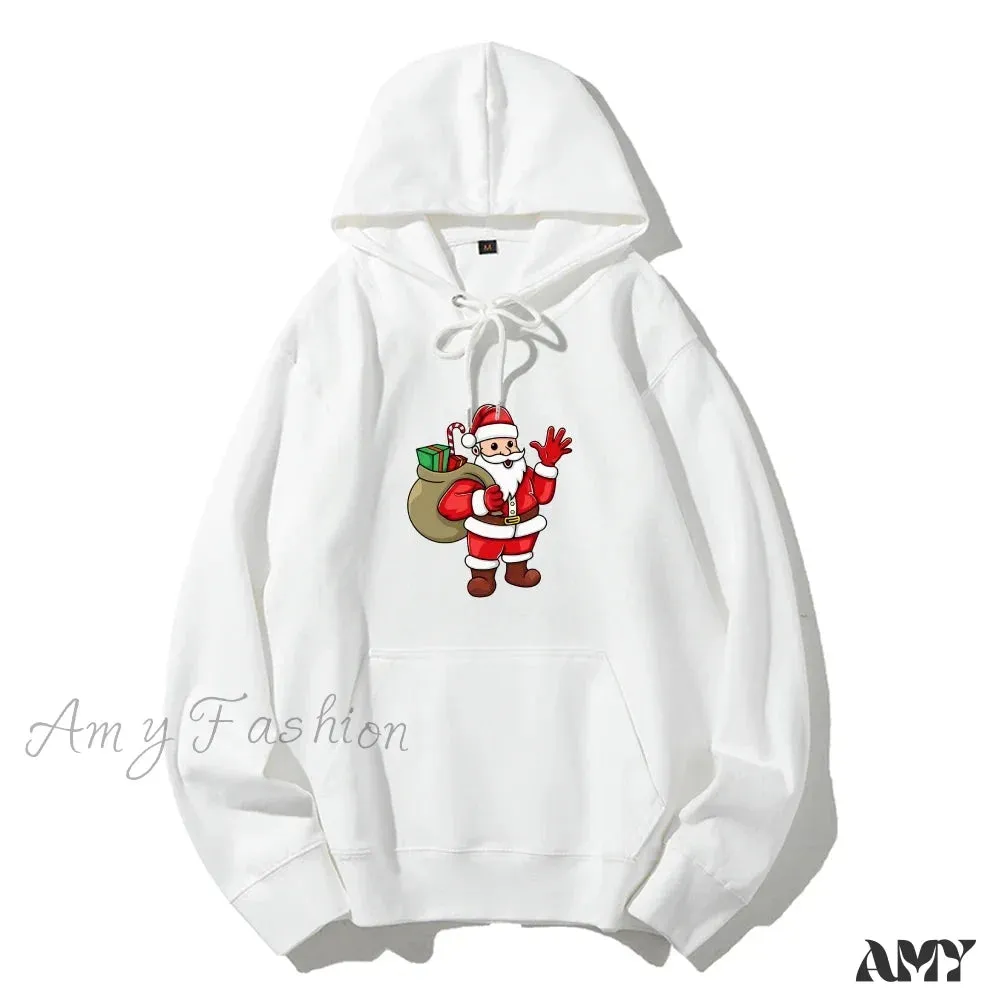 Santa Claus Cartoon Print Long Sleeve Christmas Hoodie
