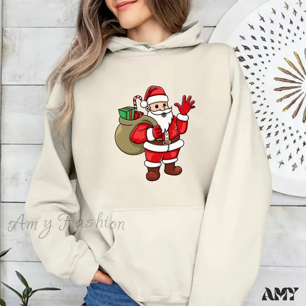 Santa Claus Cartoon Print Long Sleeve Christmas Hoodie