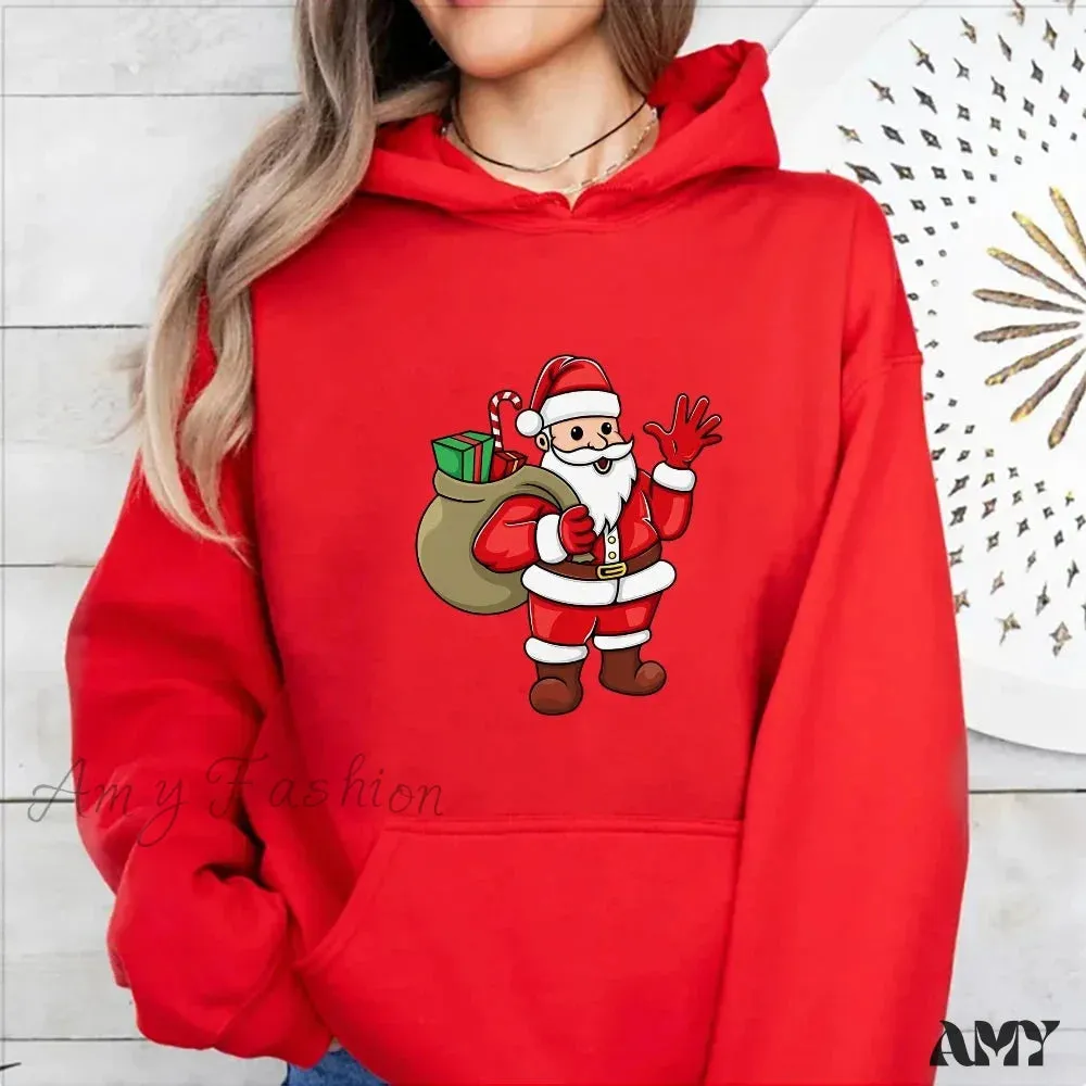 Santa Claus Cartoon Print Long Sleeve Christmas Hoodie