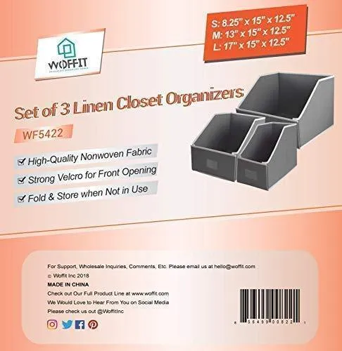 Woffit Linen Closet Storage Organizers - Set of 3 Foldable Baskets to Organize Your Sheets, Towels, Washclothes, Blankets, Clothing, Sweaters, Etc - 100% Organic Fabric Bins