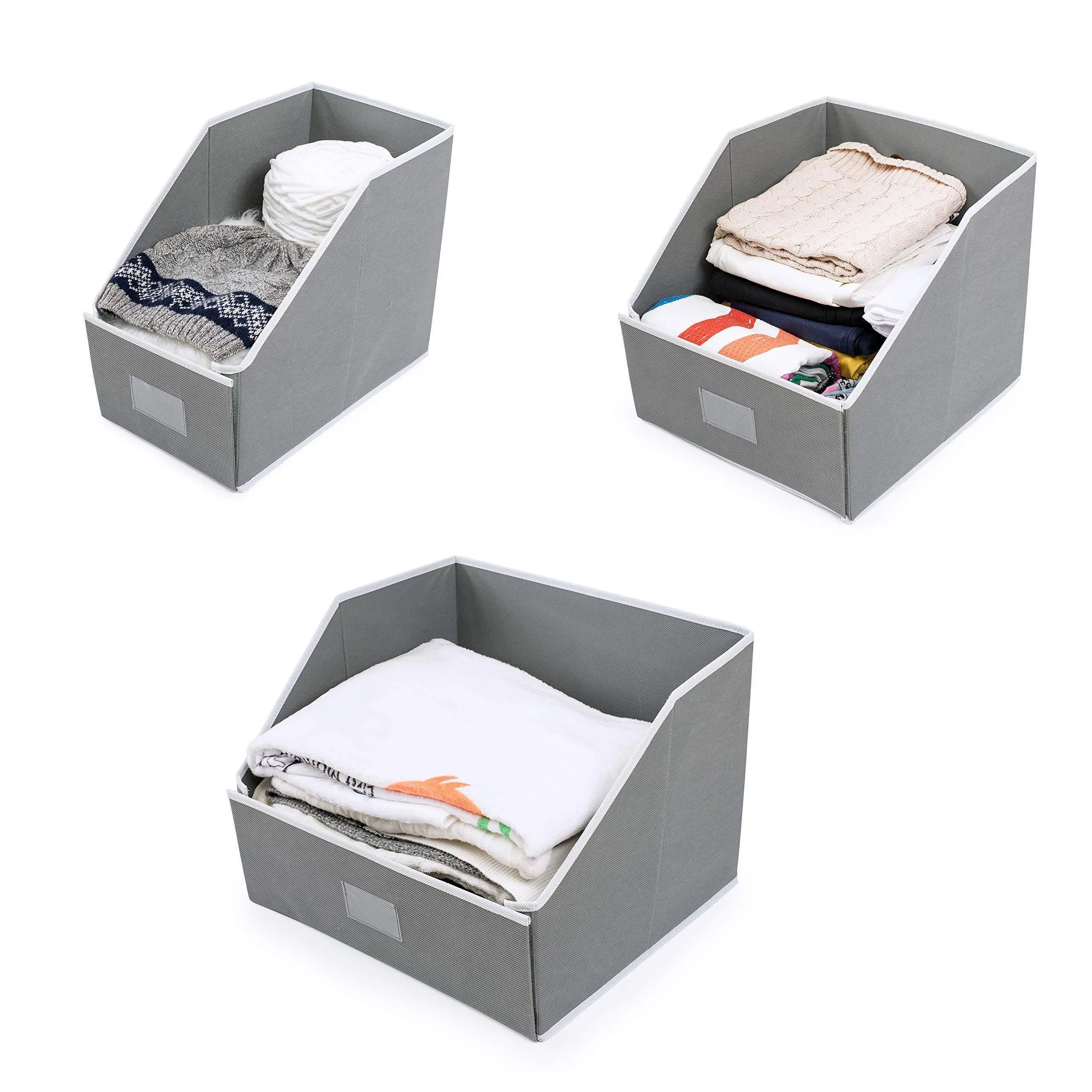 Woffit Linen Closet Storage Organizers - Set of 3 Foldable Baskets to Organize Your Sheets, Towels, Washclothes, Blankets, Clothing, Sweaters, Etc - 100% Organic Fabric Bins